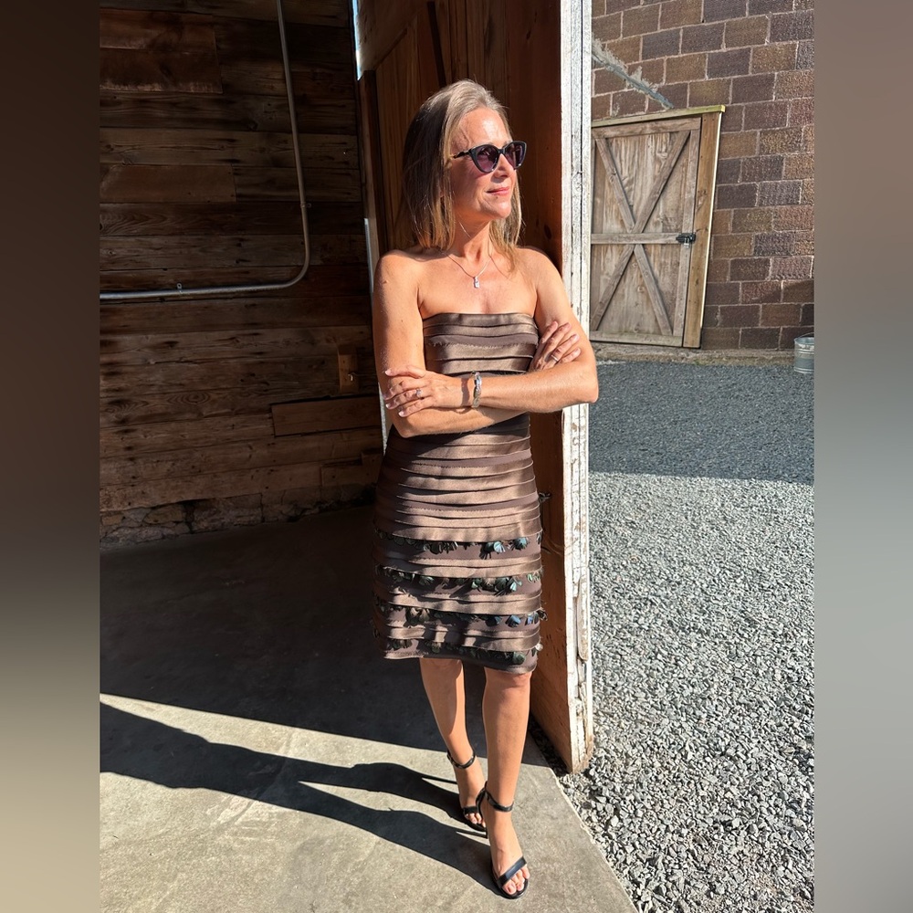 Strapless Brown Dress with Feathers